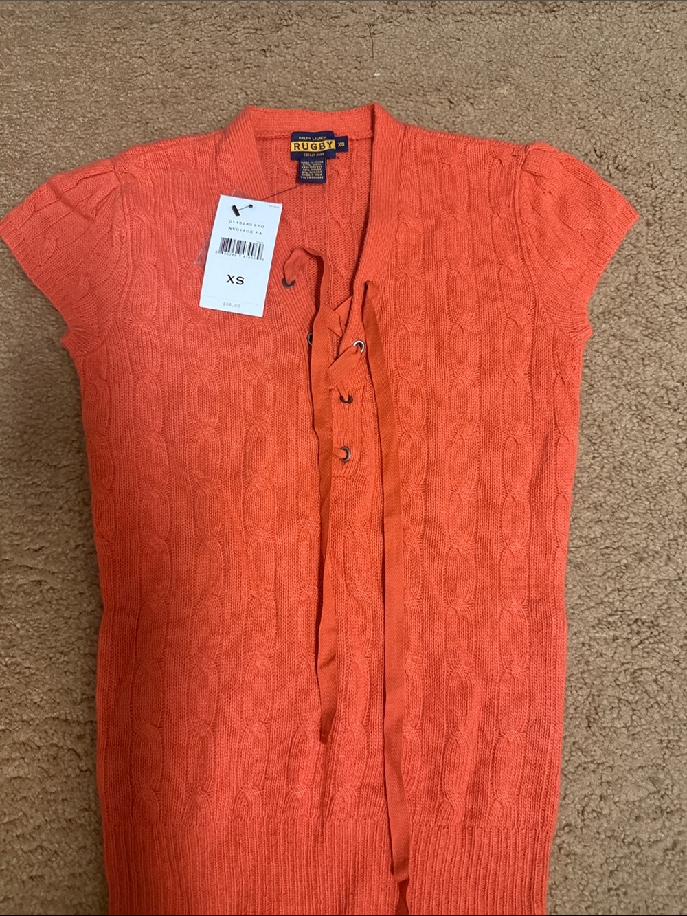 Ralph Lauren Rugby Orange Cable‑Knit Short Sleeve Tie‑Front Top